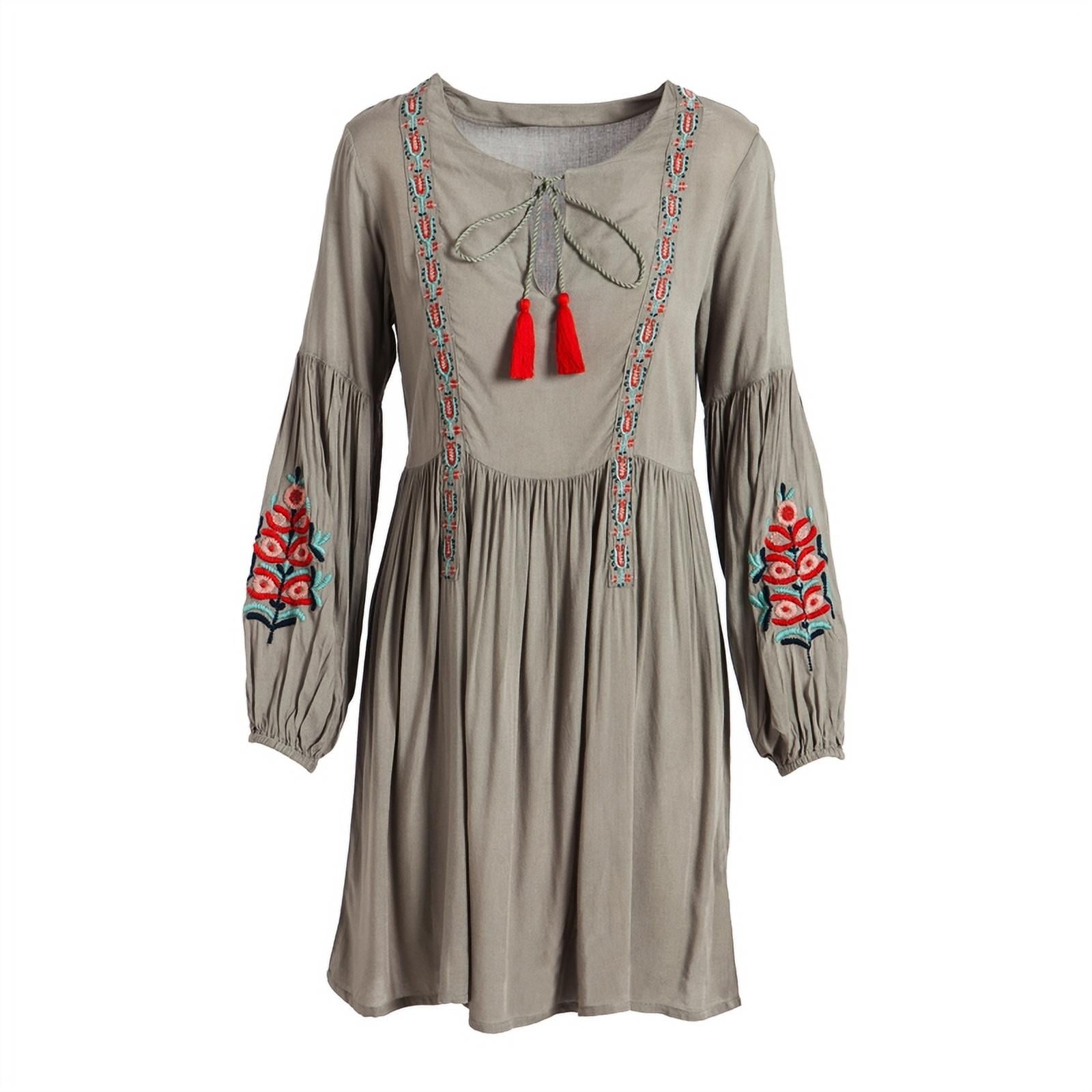 Boho Embroidered Tunic Dress, Gray - Walmart.com
