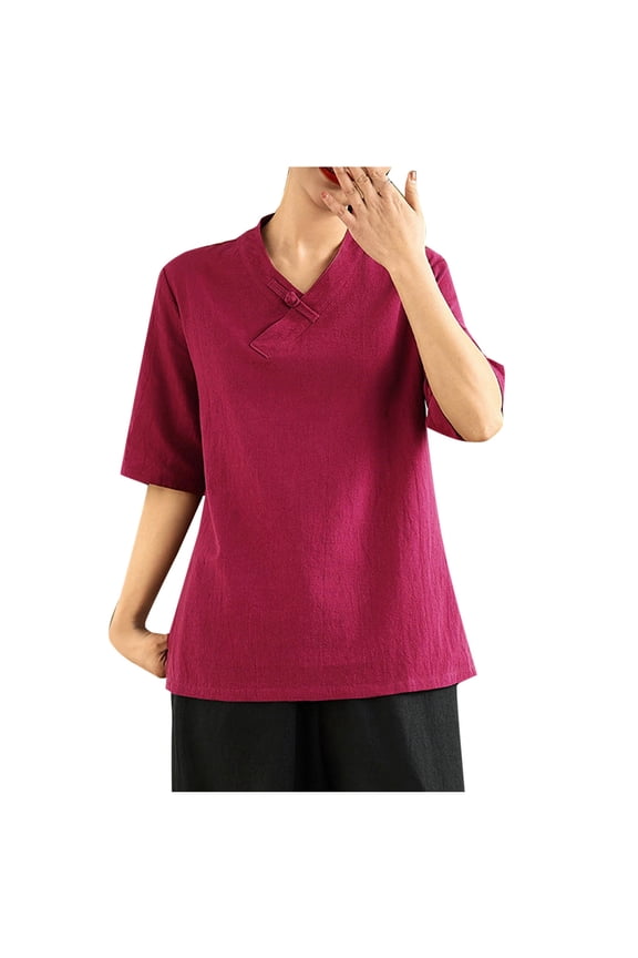 Boho Embroidered Tunic - Linen V-Neck Shirt with Knot Detail, Summer Casual Top