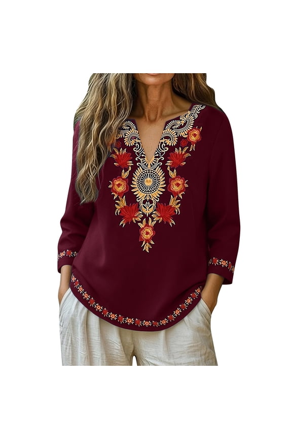 Boho Embroidery Mexican Bohemian Tops V Neck 3/4 Sleeve Causal Loose Shirt Blouse Tunic Tops Peasant Blouses Vintage Mexican Shirts Casual Business Flowy Boho Oversized Blouses Red Xxl