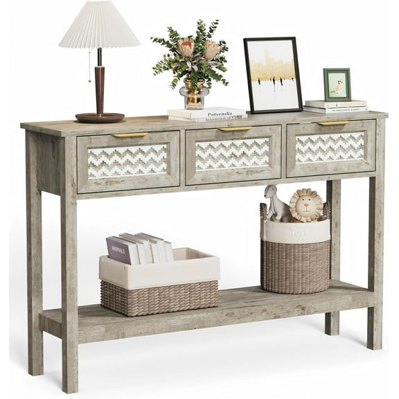 Boho Entryway Table, Rattan Console Table, Wood Entryway Console, Long Hallway Table with 3 Drawers & Open Shelf for Living Room, Hallway, Corridor, Foyer (Rustic Grey)