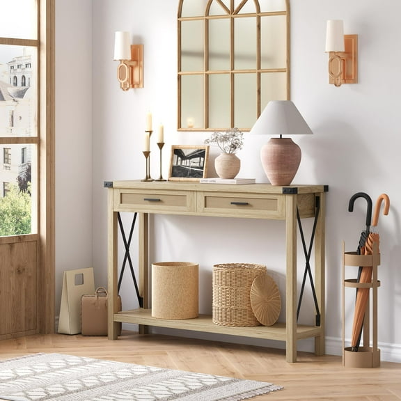 Boho Entryway Table with Rattan Drawers, Console Table for Entryway, 43" Wood Sofa Table with Storage for Living Room, Hallway, Foyer