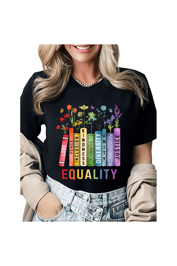 Boho Equality Books Wildflowers Butterflies Graphic Tees Womans T-shirt Tops Black/White S-5XL