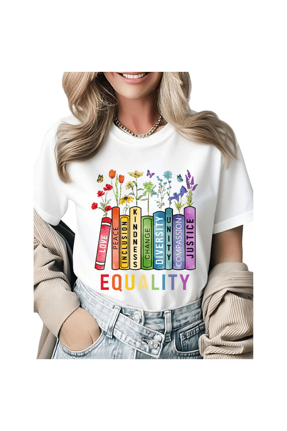 Boho Equality Books Wildflowers Butterflies Graphic Tees Womans T-shirt Tops Black/White S-5XL
