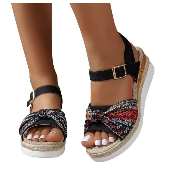 Boho Espadrilles Wedge Sandals for Women 2025 Ethnic Beach Bow Open Toe Ankle Strap Platform Dress Sandals