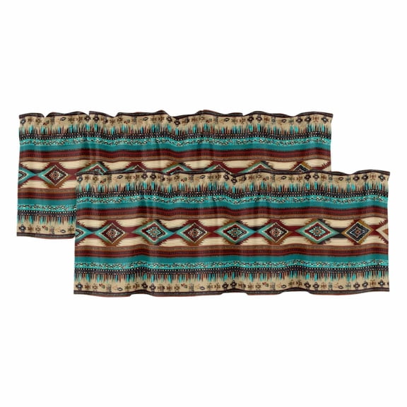 Boho Ethic 2 Panels Kitchen Valance, Western Aztec Tribal Teal Brown Diamond Stripes Curtains Valances for Small Windows Rod Pocket Window Treatments for Living Room Bedroom 42"W x 12"L