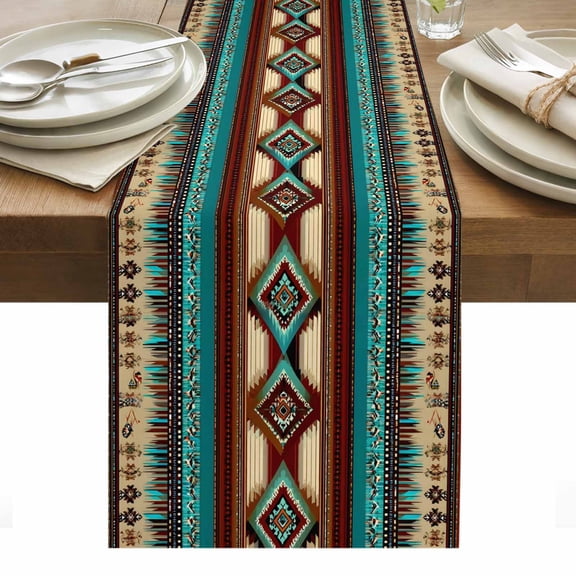 Boho Ethic Cotton Linen Table Runner Western Aztec Tribal Teal Brown Diamond Stripes Dining Table Runners for Home Decor Party Dining Room Restaurant Kitchen Party 13" x 108"