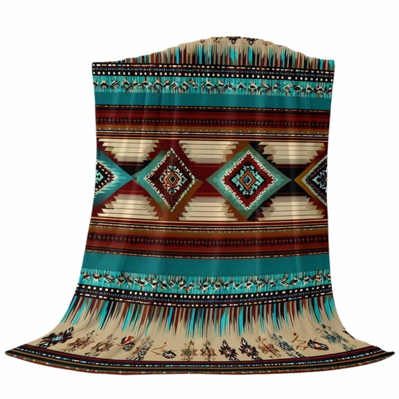 Boho Ethic Fleece Throw Blanket Western Aztec Tribal Teal Brown Diamond Stripes Ultra Soft Fuzzy Cozy Flannel Throw Blanket for Couch Sofa Bed Car Travel, Ideal Gifts 50x60 Inches