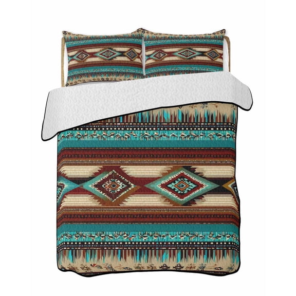 Boho Ethic Quilts Bedding Set King Size Western Aztec Tribal Teal Brown Diamond Stripes Lightweight Quilted Bedspread 3 Piece Bed Quilt with 2 Pillow Shams All Season for Bedroom 90" x 96"