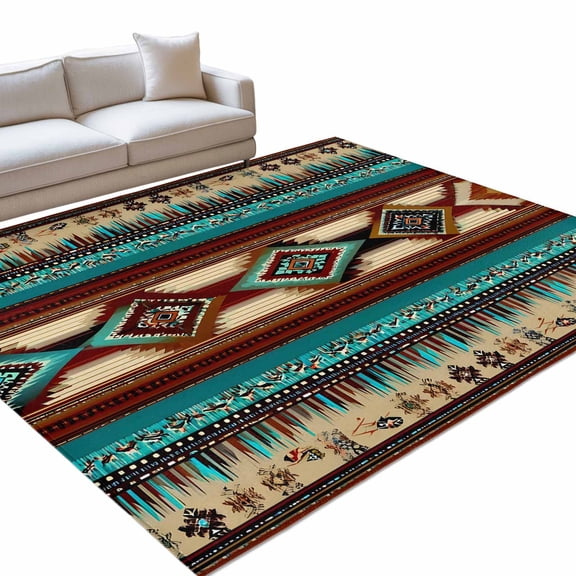 Boho Ethic Rectangle Rug 8'x10' Western Aztec Tribal Teal Brown Diamond Stripes Washable Area Rugs for Living Room Bedroom Entryway Non Slip&nbsp; Entrance Door Mat Indoor Floor Carpet