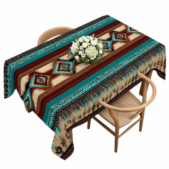 Boho Ethic Rectangle Tablecloth Western Aztec Tribal Teal Brown Diamond Stripes Waterproof Wrinkle Free Soft Table Cloth Spill-Proof Washable Table Cover for Dining Party Picnic 60 x 120 Inch