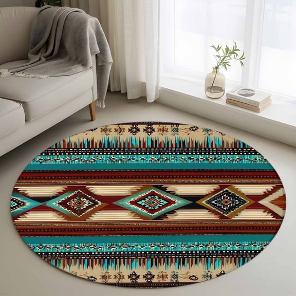 Boho Ethic Round Rugs for Living Room 3ft Western Aztec Tribal Teal Brown Diamond Stripes Non Slip Circle Rug Washable Low-Profile Indoor Carpet for Bedroom, Dining Room, Bathroom
