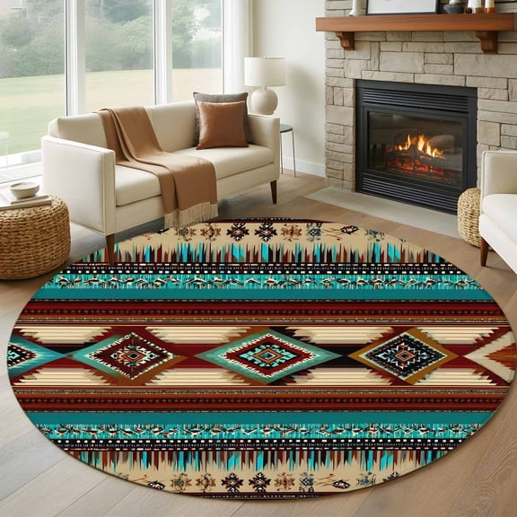 Boho Ethic Round Rugs for Living Room 7ft Western Aztec Tribal Teal Brown Diamond Stripes Non Slip Circle Rug Washable Low-Profile Indoor Carpet for Bedroom, Dining Room, Bathroom