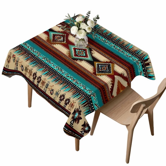 Boho Ethic Square Tablecloth Western Aztec Tribal Teal Brown Diamond Stripes Waterproof Wrinkle Free Soft Table Cloth Spill-Proof Washable Table Cover for Dining Party Picnic 54 x 54 Inch