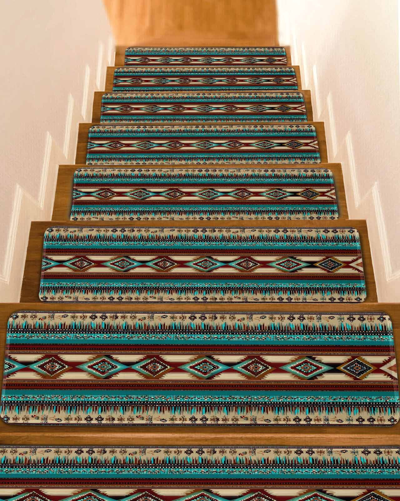Boho Ethic Stair Treads Western Aztec Tribal Teal Brown Diamond Stripes ...