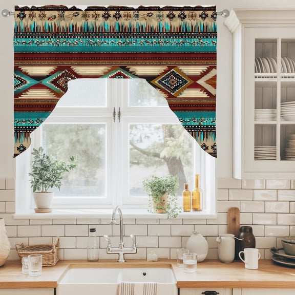 Boho Ethic Swag Curtain Valance for Windows, Western Aztec Tribal Teal Brown Diamond Stripes Swag Curtains Drapes Rod Pocket for Kitchen Bathroom Small Window, 1 Panel 56x36in