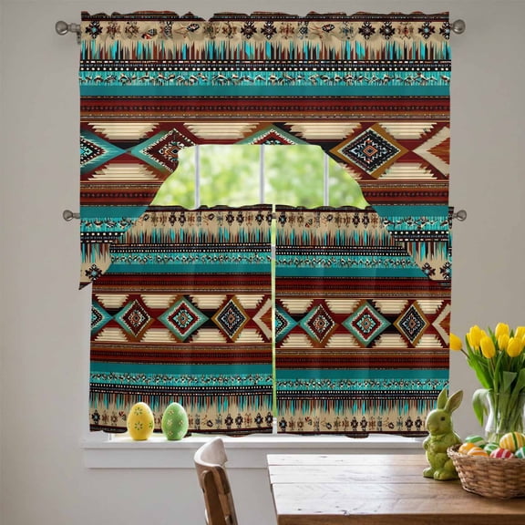 Boho Ethic Swag Curtains Valance & Tier Set, Western Aztec Tribal Teal Brown Diamond Stripes 3 Pcs Set Kitchen Swag Valances and Tiers 36 Inch Length Rod Pocket Curtain Drapes for Bedroom