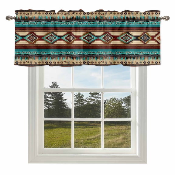 Boho Ethic Valances for Windows, 42x12in, Western Aztec Tribal Teal Brown Diamond Stripes Rod Pocket Kitchen Valance Curtain Light Filtering Window Treatments for Living Room Bedroom
