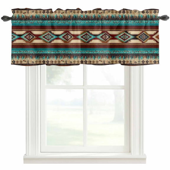 Boho Ethic Valances for Windows Western Aztec Tribal Teal Brown Diamond Stripes Rod Pocket Curtain Valance Window Treatment Short Curtains for Kitchen Living Room, 42"x12"