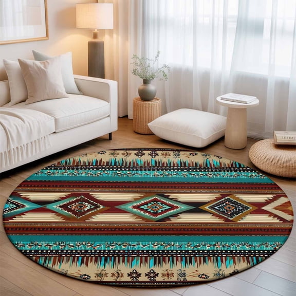 Boho Ethic Washable Round Area Rug 3 ft, Western Aztec Tribal Teal Brown Diamond Stripes, Soft Non Slip Rugs Stain Repellent Indoor Felt Carpet for Living Dining Room Bedroom Home Office