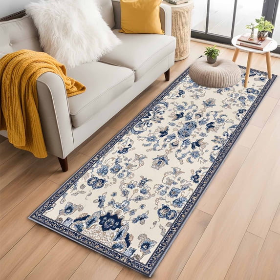 Boho Ethnic 2'x6' Runner Rug, Vintage Shabby Southwest Floral Motifs Washable Non-Slip Area Rugs for Hallway Kitchen Floor Bedroom Entryway, Long Laundry Carpet Decoration Indoor Mat