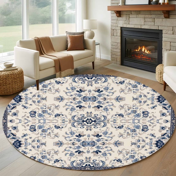 Boho Ethnic 6ft Round Rugs, Vintage Shabby Southwest Floral Motifs Washable Non-Slip Area Rugs for Living Room Bedroom Kitchen, Soft Low Pile Dining Room Kicthen Circle Carpet, Indoor Floor Rug