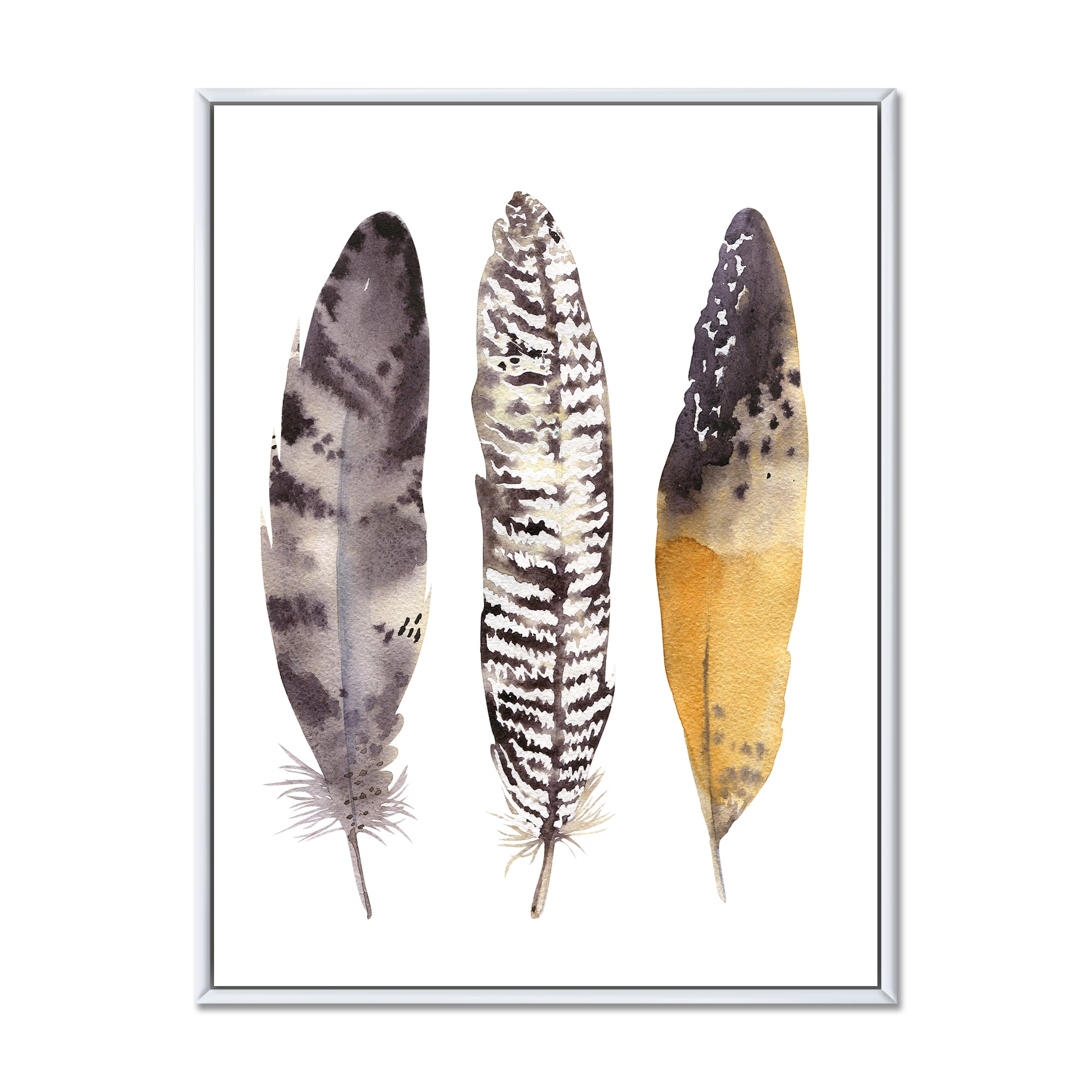 Boho Ethnic Art Dark Gray Feathers III 30 in x 40 in Framed Painting Canvas Art Print, by Designart