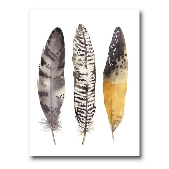 Boho Ethnic Art Dark Gray Feathers III 8 in x 12 in Painting Canvas Art Print, by Designart
