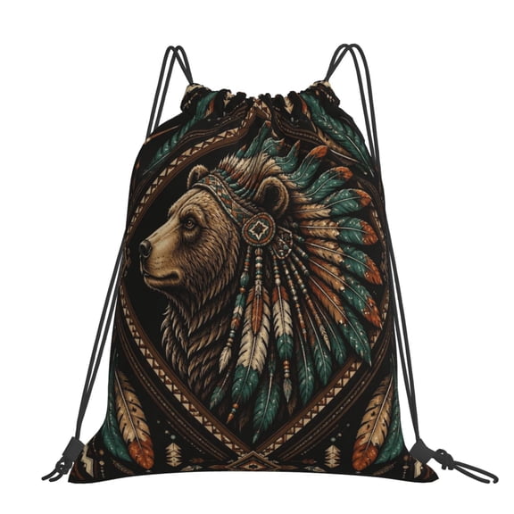 Boho Ethnic Bear Illustration Large Drawstring Backpack Casual Cinch Sack Bag Backpack for Sports Hiking Travel Gym
