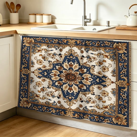 Boho Ethnic Cabinet Curtain 32"Wx55"L,Dustproof Pantry Door Curtain W/ Self Adhesive Tape,Vintage Bohemian Traditional Floral Classic Tall Storage Cover Privacy Drape for Bathroom Kitchen
