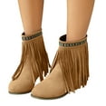 thumbnail image 1 of Boho Ethnic Cowboy Boots for Women Bohemian Long Fringe Suede Pointed Toe Wide Mid Calf Cowgirl Dress Booties Beige Size 6, 1 of 8