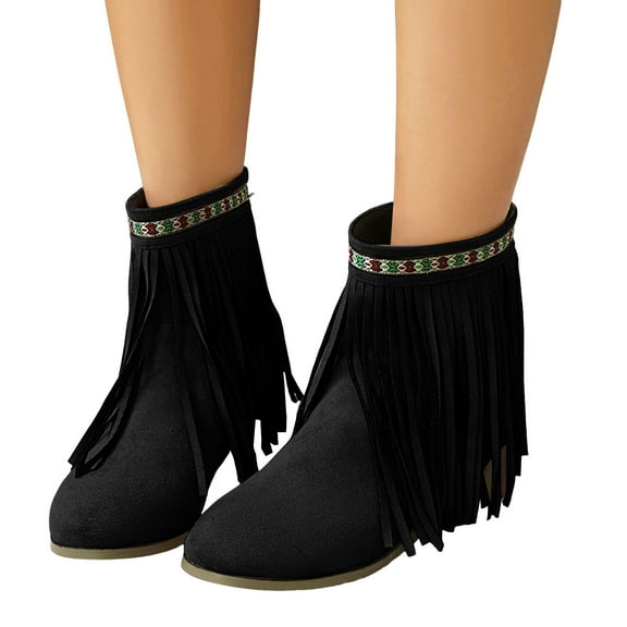 Boho Ethnic Cowboy Boots for Women Bohemian Long Fringe Suede Pointed Toe Wide Mid Calf Cowgirl Dress Booties Black Size 7