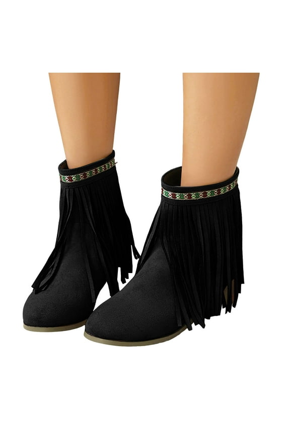 Boho Ethnic Cowboy Boots for Women Bohemian Long Fringe Suede Pointed Toe Wide Mid Calf Cowgirl Dress Booties Black Size 7