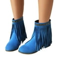 thumbnail image 1 of Boho Ethnic Cowboy Boots for Women Bohemian Long Fringe Suede Pointed Toe Wide Mid Calf Cowgirl Dress Booties Blue Size 6.5, 1 of 5