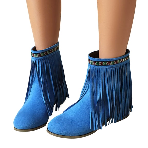 Boho Ethnic Cowboy Boots for Women Bohemian Long Fringe Suede Pointed Toe Wide Mid Calf Cowgirl Dress Booties Blue Size 6