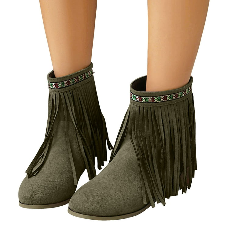 Boho Ethnic Cowboy Boots for Women Bohemian Long Fringe Suede