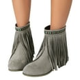 thumbnail image 1 of Boho Ethnic Cowboy Boots for Women Bohemian Long Fringe Suede Pointed Toe Wide Mid Calf Cowgirl Dress Booties Grey Size 9.5, 1 of 7
