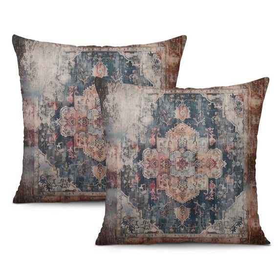 Boho Ethnic Design Decorative Linen Blue Carpet Pattern Farmhouse Throw Pillow Covers 18 X 18 Inch, Set Of 2, Linen Study Sofa Cushion Cover Indoor Living Room Home Decor