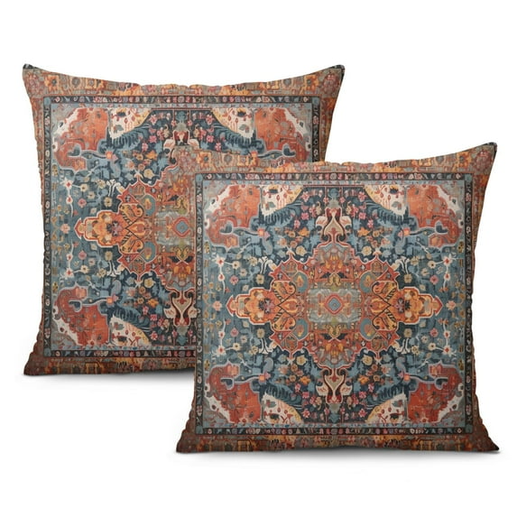 Boho Ethnic Design Decorative Linen Orange Carpet Pattern Farmhouse Throw Pillow Covers 18 X 18 Inch, Set Of 2, Linen Study Sofa Cushion Cover Indoor Living Room Home Decor