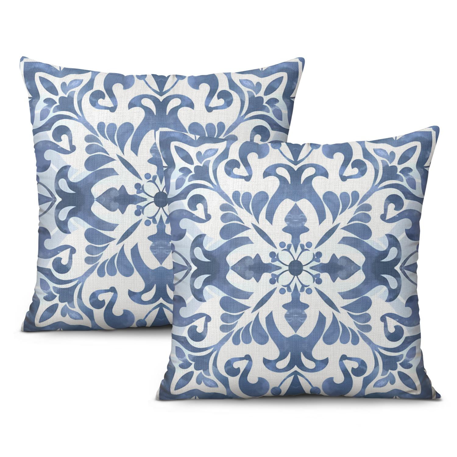Boho Ethnic Floral Blue and White Vintage Throw Pillow Covers 18 X 18 Inch, Set Of 2, Linen
