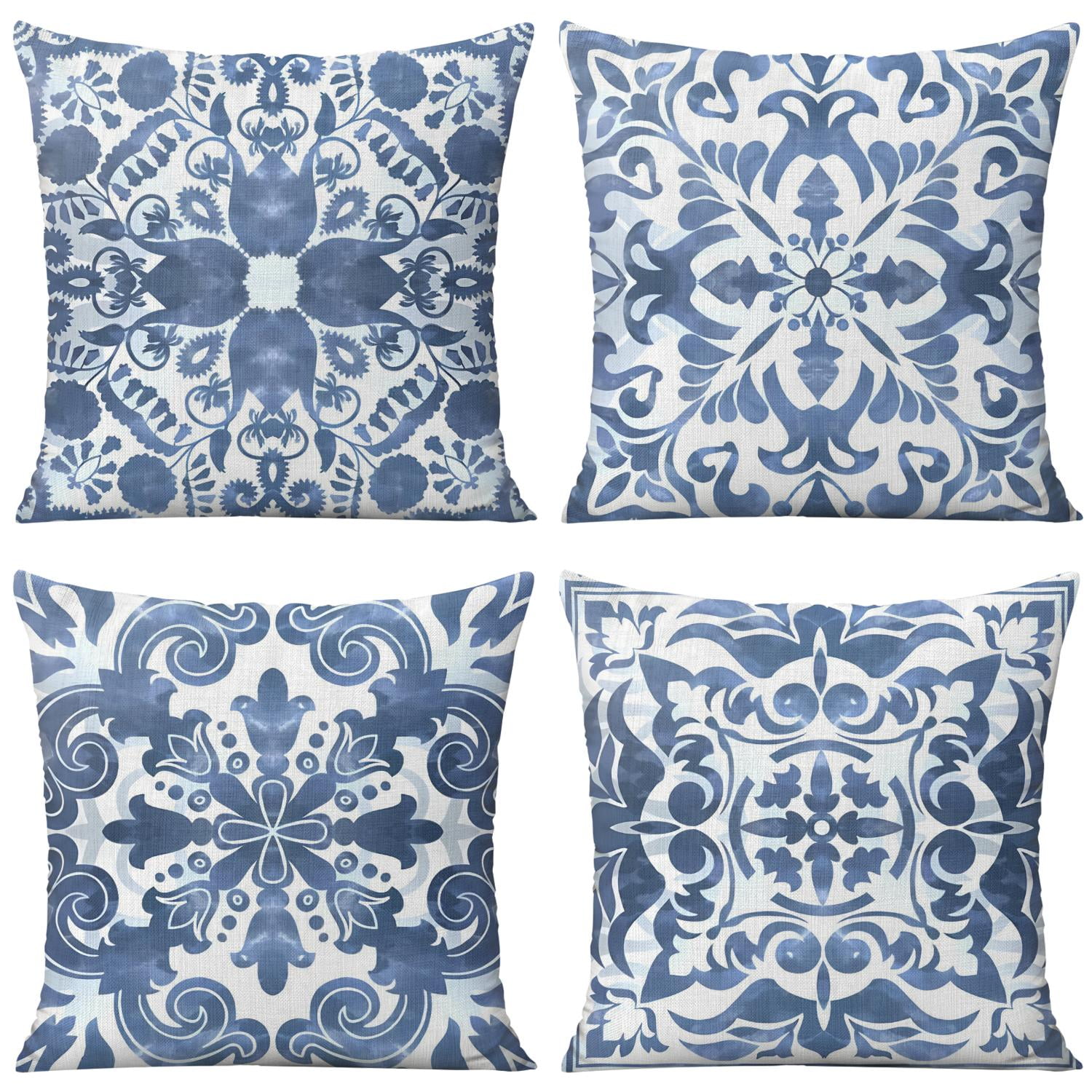 Boho Ethnic Floral Blue and White Vintage Throw Pillow Covers 20"x20