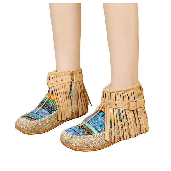 Boho Ethnic Fringe Boots for Women Winter Fall Casual Tassel Round Toe Flats Low Heel Mid Calf Ankle Booties Beige Size 6