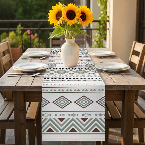 Boho Ethnic Geometric Texture Table Runner 36 Inches Long,Kitchen Dining Tablerunners Abstract Modern Square Linen Table Runners Dresser Scarves for Home Dinner Wedding Holiday Party Decor