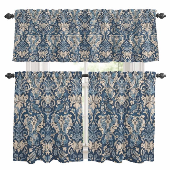 Boho Ethnic Kitchen Curtains Sets for Windows 24 Inch Length, Vintage Chic Neutral Abstract Floral Motif Rod Pocket Window Treatments Tier Curtains and Valances Set for Bedroom/Bathroom