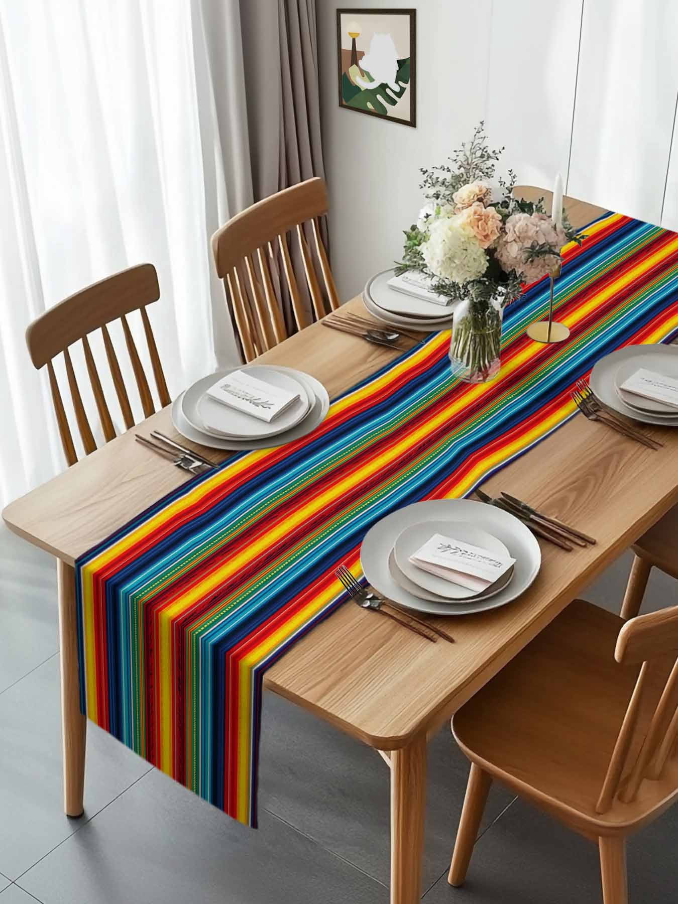 Boho Ethnic Mexican Stripes Table Runner 90 Inches Long, Native Colorful American Stripe Table Runners Tabletop Scarf Kitchen Dining Tables Decoration for Home Party Indoor Outdoor