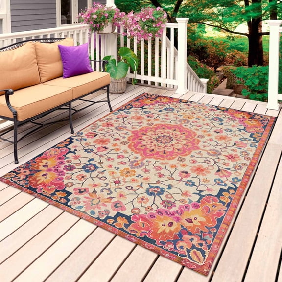 Boho Ethnic Outdoor Rug 6x9 Ft, Non Slip Washable Area Rug, Southwest Aztec Tribal Geometric Aesthetic Patio Rugs Carpet Runner, Large Floor Mat for Indoor/Outdoor Deck Porch Camping