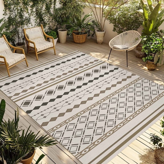 Boho Ethnic Outdoor Rug for Patio/Deck/Porch, Non-Slip Large Area Rug 3 x 5 Ft, Aztec Bohemian Vintage Geometric Brown Rustic Indoor Outdoor Rugs Washable Area Rugs, Camping Rug Carpet Runner