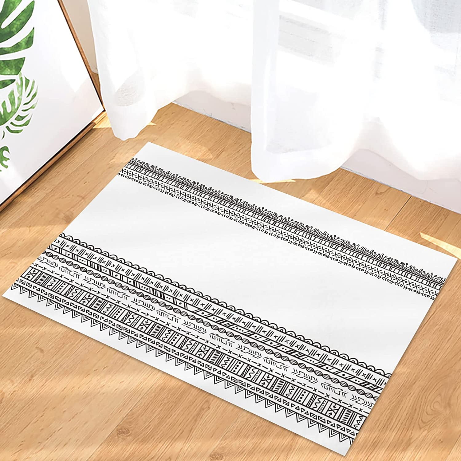 Boho Ethnic Pattern Black Lines White Indoor Doormat NonSlip Front