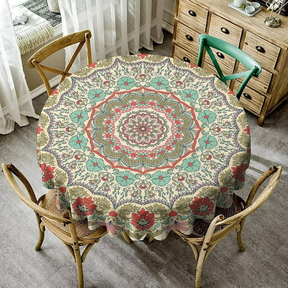 Boho Ethnic Pattern Tablecloth Rustic Vintage Hand Painted Floral Botanical Mandala Geometric Round Tablecloth for Home Kitchen Dining Room Tablecloth Outdoor Picnic Cloth Round 60in
