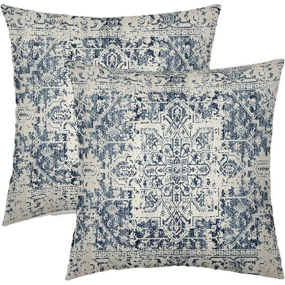 Boho Ethnic Pillow Covers 18x18 Inch Set of 2 Bohemian Carpet Throw Pillows For Couch Navy Blue Grey Geometric Floral Decorative Pillow Cases Farmhouse Home Decor For Sofa Porch Patio Bed Room Outdoor