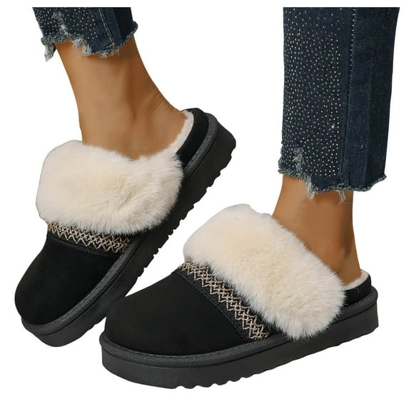 Boho Ethnic Platform Mules Ankle Boots for Women with Fleece Lined Winter Warm Cozy Suede Indoor and Outdoor Backless Clogs Slip on House Slippers Casual Snow Booties